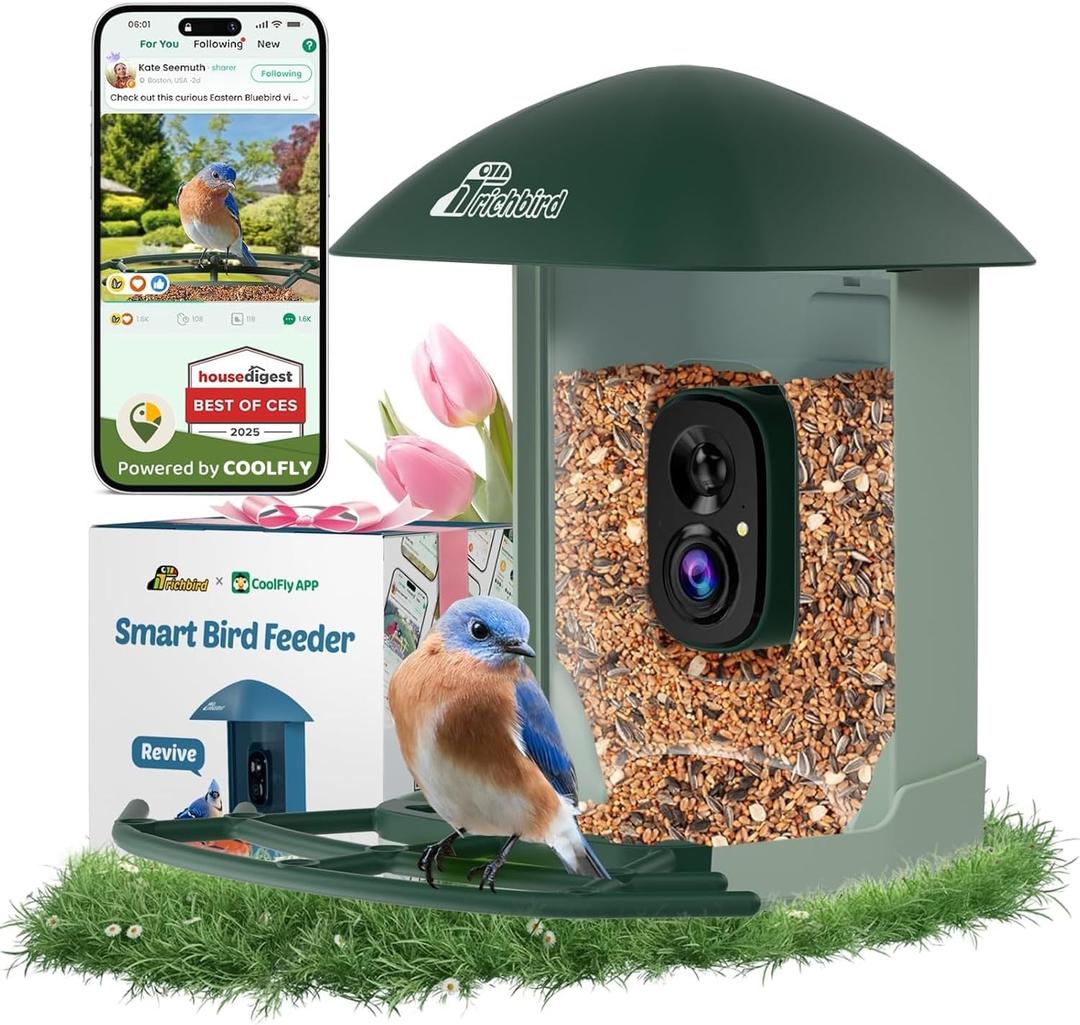 Smart Bird Feeder with 4MP HD Camera, Birdwatching Camera with Free AI Identify Birds & Solar Panel for Outdoors, Auto Video Capture & Instant Notifications, Green (Geen)
