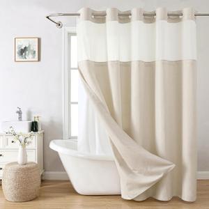 Long No Hooks Needed Linen Textured Shower Curtain with Snap-in Fabric Liner Set,Cream Hotel Luxury Decor Shower Curtains for Bathroom,Waterproof & Washable,71Wx80H