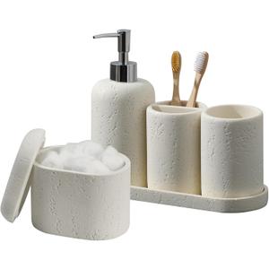 Bathroom Accessories Set, 5PCS Modern Bathroom Accessory Set with Soap Dispenser, Mouthwash Cup & Toothbrush Holder, Qtip Holder, Tray (Cream)