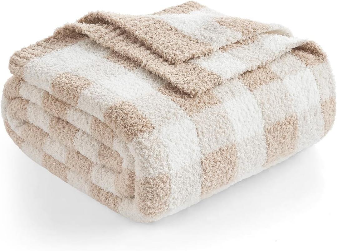 Snuggle Sac Checkered Throw Blanket for Couch, Super Soft Cozy Warm Knit Netural Decorative Fluffy Blankets, Reversible Buffalo Plaid Microfiber Throws for Sofa Bed, Plaid Beige, 50x60 Inches