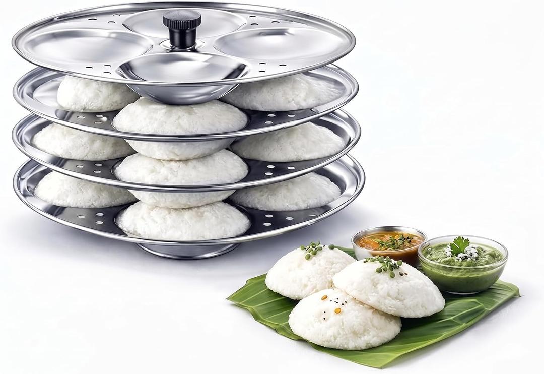 Stainless Steel Idli Stand 4 Tier Silver Idli Maker Rack for Soft Idlis Durable Steamer Accessory for Pressure Cooker and Electric Cooker Indian Cooking Use.