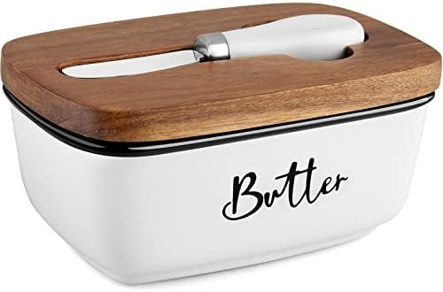 Ceramic Butter Dish with Lid and Knife for Countertop, Airtight Butter Keeper for Counter or Fridge, Butter Container with Thick Acacia Wood Lid, for Farmhouse Kitchen Decor and Accessories, White