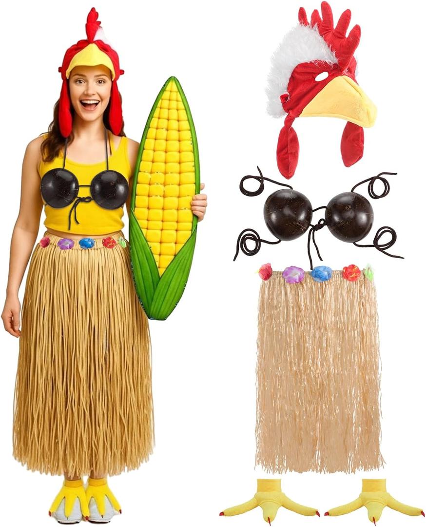 JenPen 5 Pcs Halloween Chicken Costume for Women Include Plush Chicken Head Rooster Feet Shoes Covers Coconut Bra Hawaiian Grass Skirt for Halloween Party Cosplay Accessories