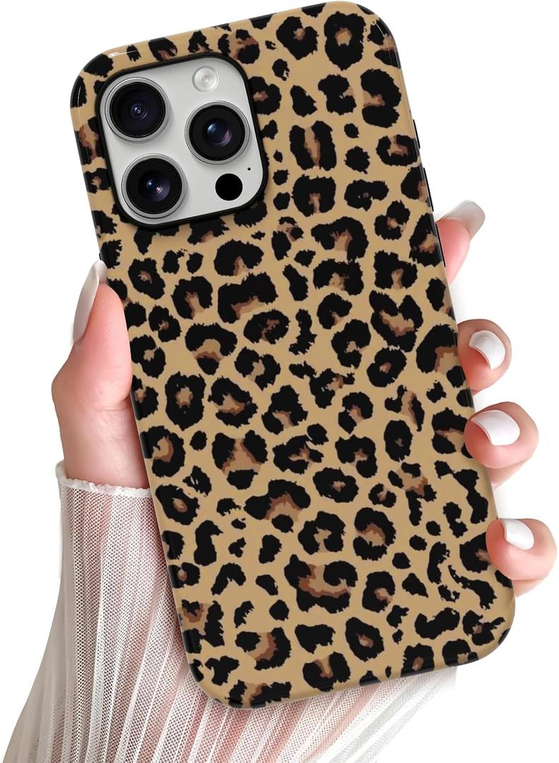 Skyseaco Compatible with iPhone 16 Pro Case Cute Leopard Print Phone Case for Women Girl Shockproof Soft TPU and Hard PC Double Layer Protective Cover, Brown Leopard
