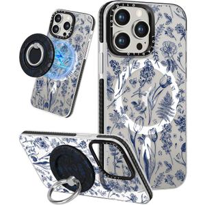 for iPhone 15 Pro Case for Women - Girls Kawaii Design Compatible with Magsafe Magnetic Ring Holder Stand Line Flower Phone Covers Aesthetic Girly TPU Funda for 15 Pro