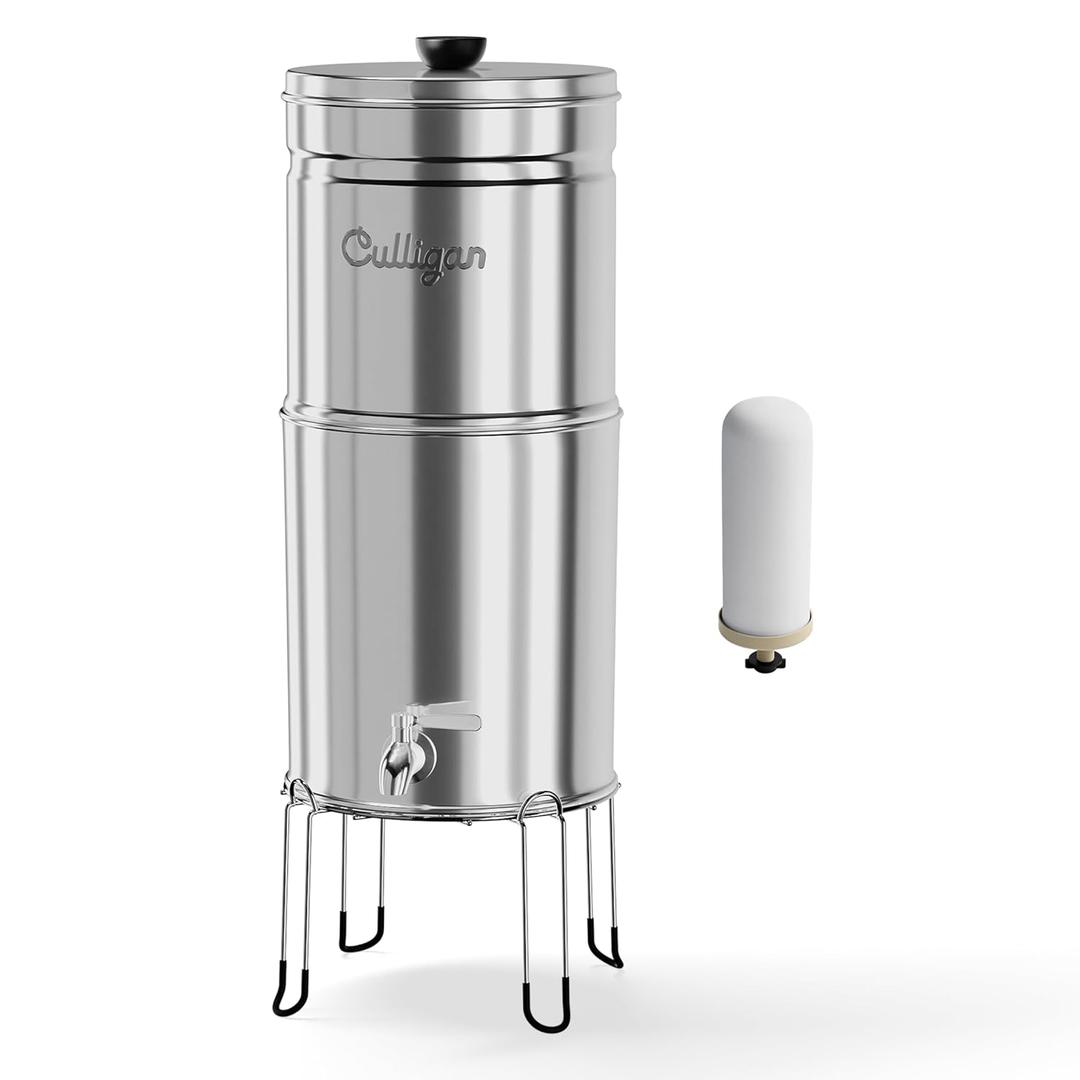 Culligan MaxClear 3 Gallon Gravity Water Filter System, Polished Stainless-Steel Countertop Water Filter NSF/ANSI Certified to Reduce Microplastics, Lead & Total PFAS, with 1 Ceramic Filter