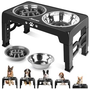 Jovrun Elevated Dog Bowls for Medium Large Size Dogs, Non-Slip Dog Feeder with 1*Stainless Steel Dishes & 1*Slow Feeder Bowl, 5 Heights Adjustable Raised Bowls to 3.15″-8.66″-9.84″-11.02″-12.2″