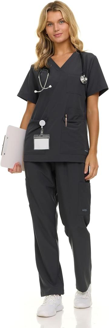 Nautica Women's Scrub Set, 9-Pocket Breathable & Stretchy Pants & Tops (Gray, M)