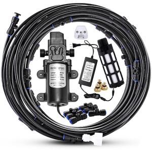 Outdoor Misting Cooling System with Pump Kit, 49.2FT(15M) Misting Line with Filter, 20 Brass Mist Nozzles, 1 Brass Adapter (3/4"), 12V DC 60W 5L/Min, Self Priming Sprayer Water Pump