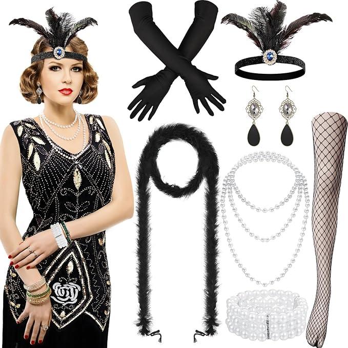 Shinymoon 1920s Flapper Dress for Women Costume Halloween Vintage Fringed Sequin Dress with 20s Accessories Set,  Medium