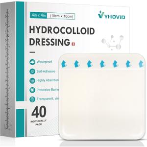 40 Pack Hydrocolloid Wound Dressing 4" x 4", Hydrocolloid Patch Bandages with Self-Adhesive, Bed Sore Bandages, Highly Absorbent for Burn, Blister, Acne Care, Sterile and Waterproof
