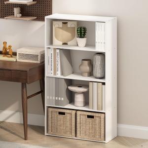 Furinno Simple Book Shelf, 4-Tier Bookshelf, Bookcase with Open Shelf, 9.4 x 23.6 x 41.7, for Living Room, Bedroom, Home Office, White, 4-Tier, Standard