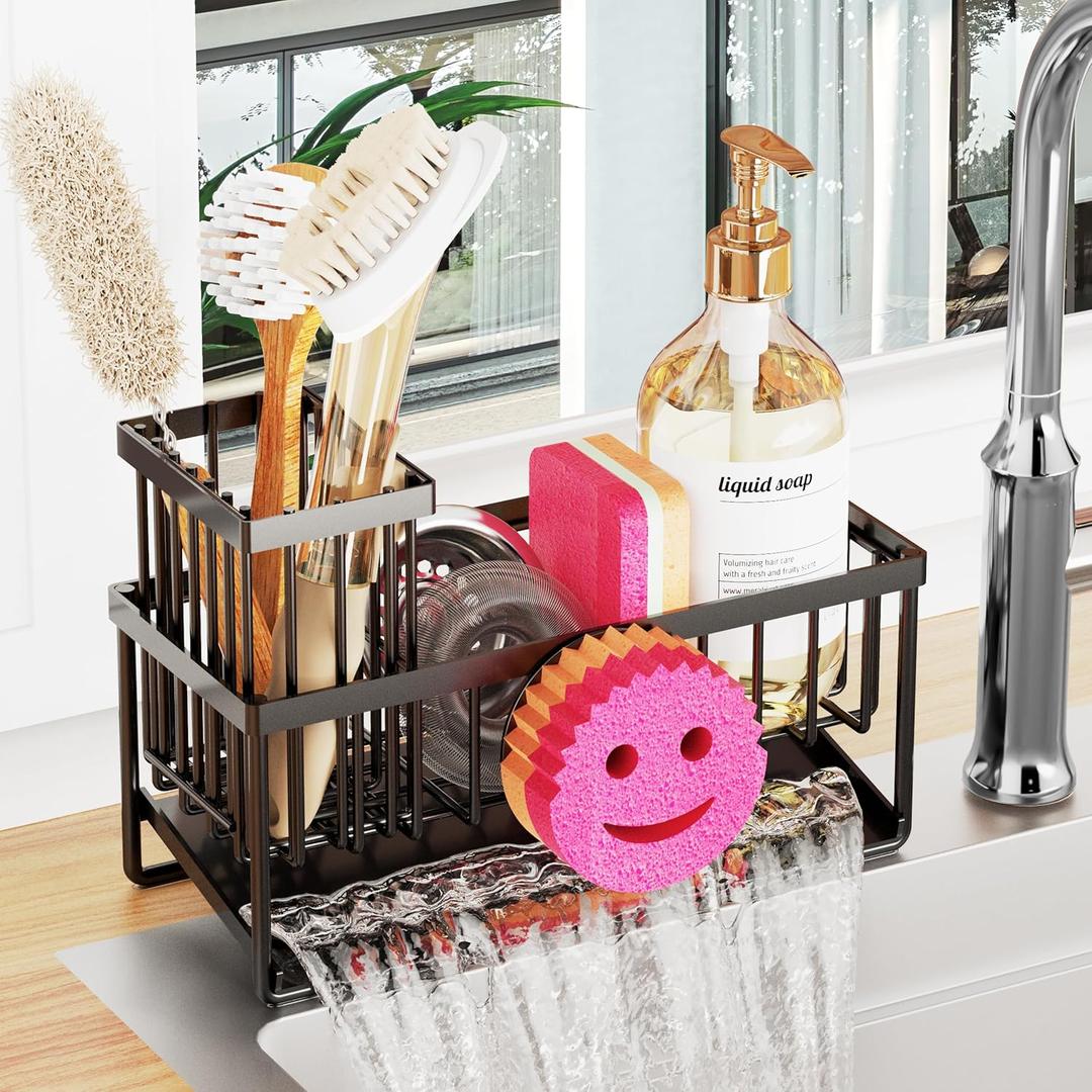 Sponge Holder for Kitchen Sink, Smiley Face Sink Caddy with Removable Brush Holder, Self-Draining Sponge Caddy for Sponge, Soap, Dish Brush, Scrubber, Kitchen Essentials and Gadgets (1 Tier Black)