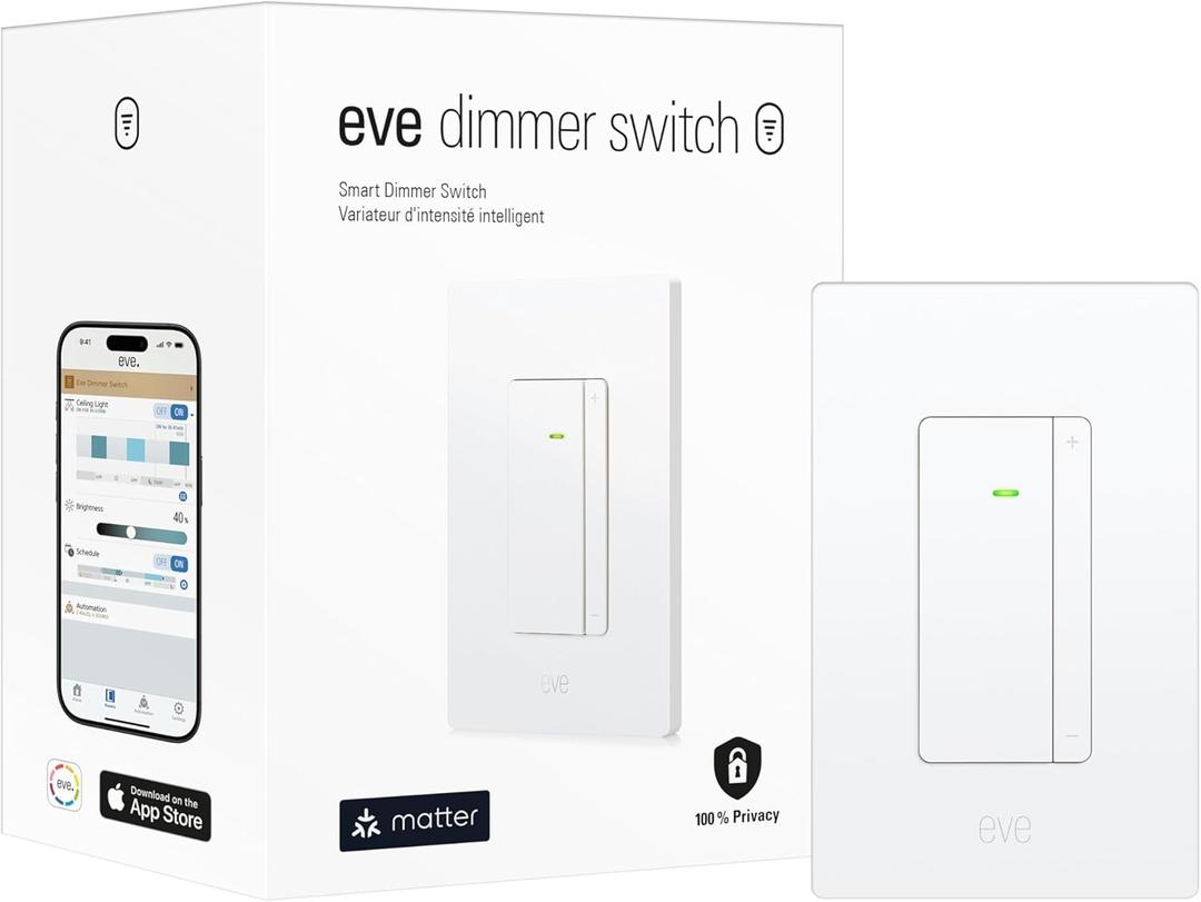 Eve Dimmer Switch (Matter)  Smart Dimmer Switch, for Alexa/Apple/Google/SmartThings/Home Assistant; for Single-Pole switches; Requires Thread Border Router and Neutral Wire; UL-Certified