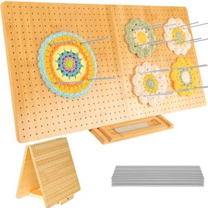 Foldable Crochet Blocking Board with 30 Pegs - 22.8" x 11.5" Large Bamboo Handcrafted Granny Square Blocking Board, Stand with Pegs Storage, 800 Holes for Precise Projects, Durable and Easy Storage (22.8" x 11.5")