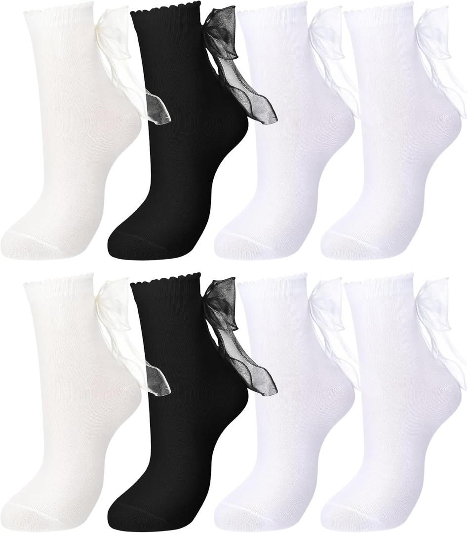 Geyoga 4 Pairs Women Ruffle Socks with Bow Soft Breathable Ankle Socks