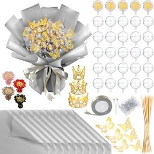 Funnymoom 109 Graduation DIY Chocolate Flower Bouquet Kit 2025 Candy Rose Clear Acrylic Lollipop Ball Holder Floral Wrapping Paper 3D Gold Butterfly Crown Ribbon Grad Gift(Silver)