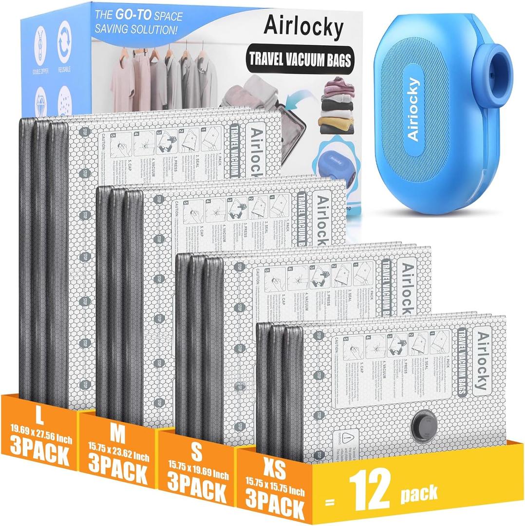 Travel Vacuum Storage Bags with Pump, 12 Pack Carry-on Compression Packing Bags + Portable Electric Pump, 80% Space Saver of Clothes, Vacuum Seal Bags for Clothing Travel Luggage