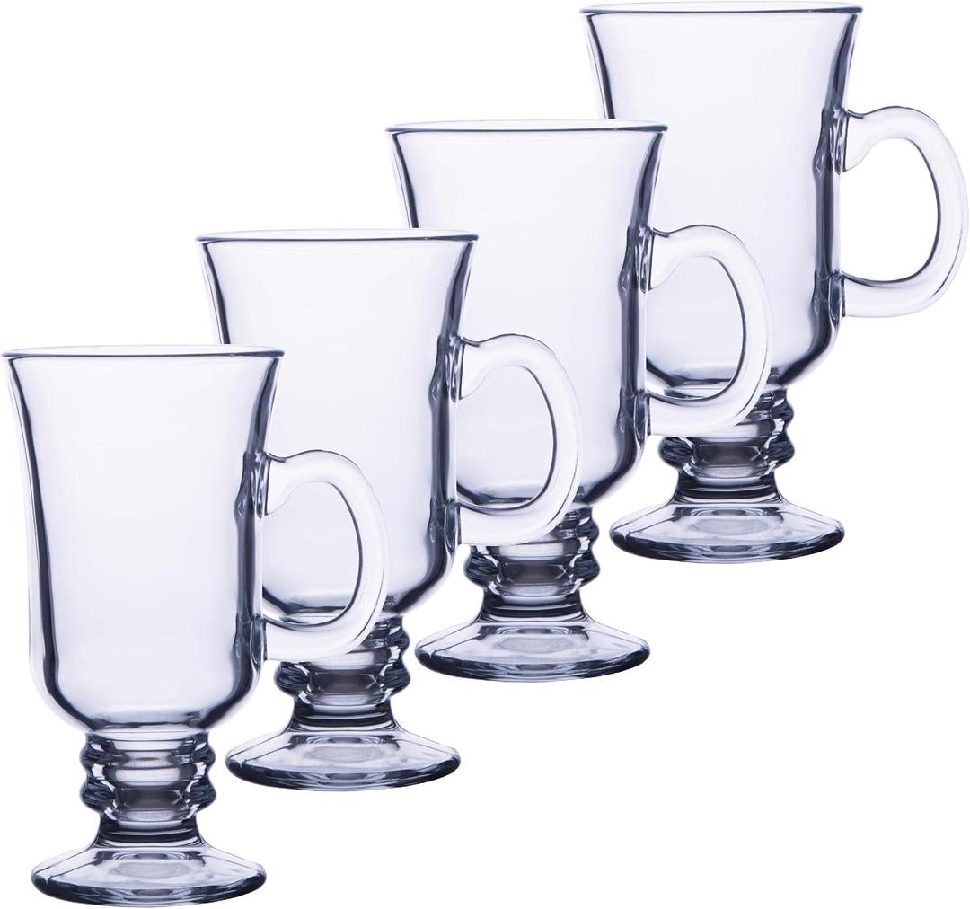 Chef Captain Glass Coffee Mugs, Glass Cup With Handle Zero-Lead Footed Mugs With 8 Oz Capacity, Irish Coffee Glasses 4-Piece