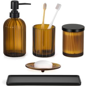 Shinowa Glass Bathroom Accessories Set, 5 Piece Luxury Bathroom Set with Soap Dispenser, Toothbrush Holder, Qtip Holder with Lid, Soap Dish & Tray, Modern Vanity Countertop Organizer, Brown + Black