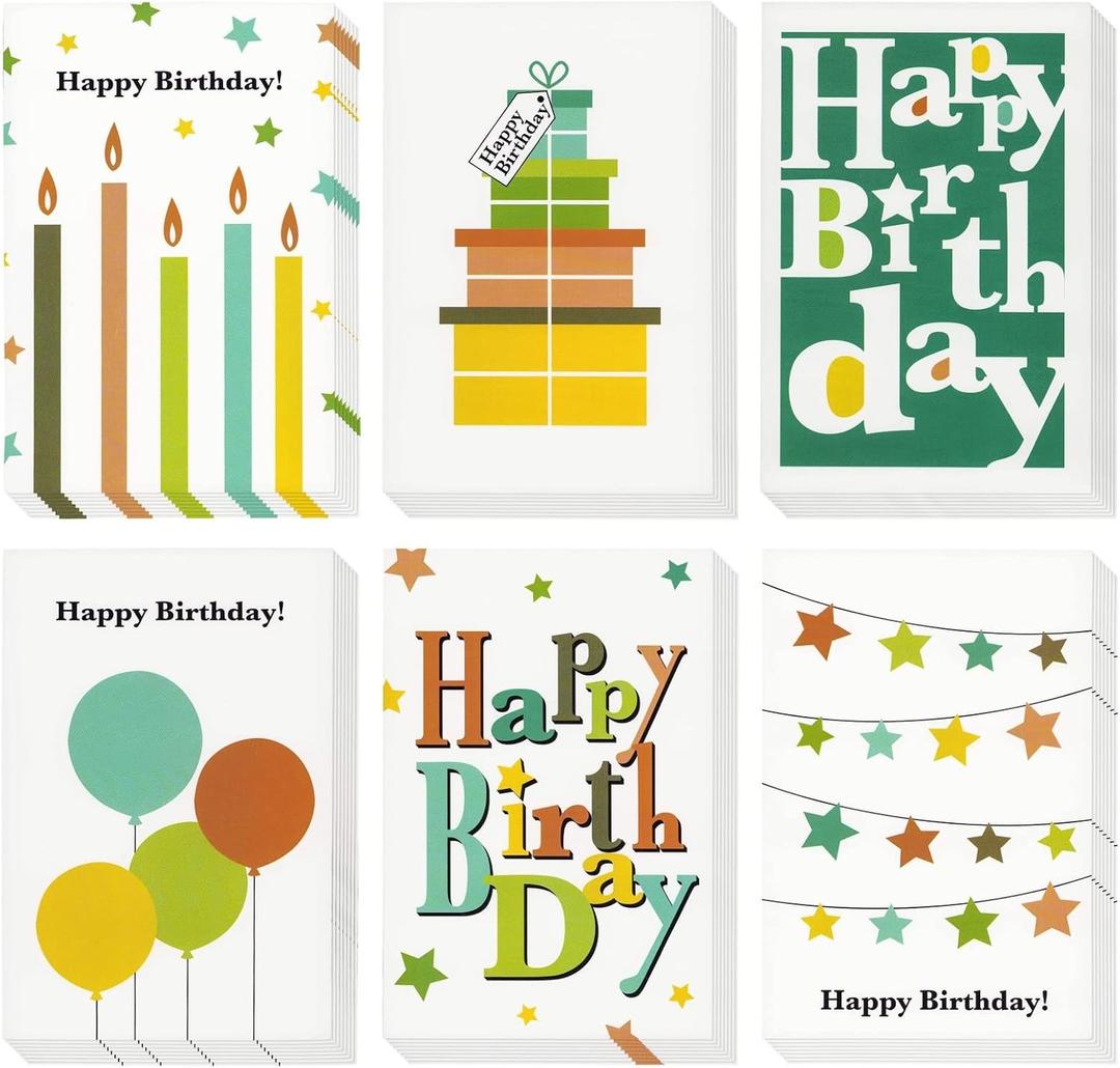 Juvale Birthday Cards Blank Inside - 4 x 6 In, 48 Pack Multicolor - Bulk Blank Birthday Cards with Envelopes & Unisex Designs - 6 Vibrant Patterns on Ivory Stock - Workplace & Family
