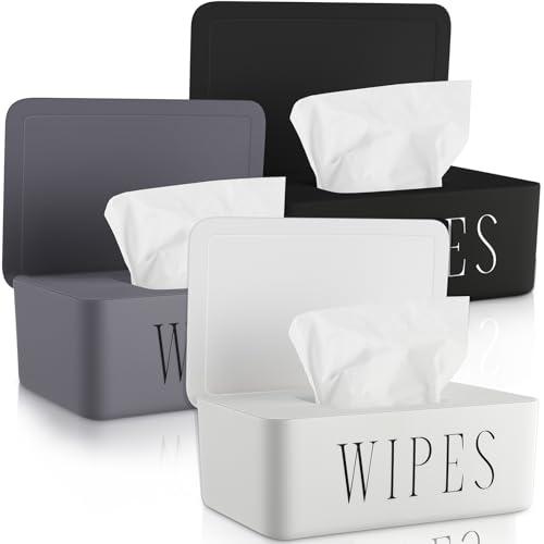 Singhoow 3 Pack Baby Wipes Dispenser Holder Wipe Container for Bathroom with Lid Toilet Tissue Paper Storage Refillable Box for Home Office Cars(Small,Black, White, Gray)