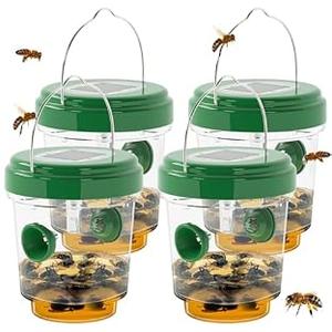 Wasp Traps Outdoor Hanging, Solar Bee Trap for Outside, Reusable Solar Powered Hornet Traps, Bee Wasp Catcher Outside Garden 4 Packs
