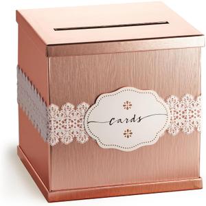 Rose Gold Card Box, Large 10x10 Gift Card Holder for Wedding Reception Table, Birthday Party, Sweet 16, Quinceanera, Graduation, Baby & Bridal Shower, Money, Honeymoon, Pink Envelope Box with Slot
