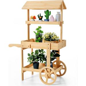 Hanaive Flower Cart Display Stand with Wheels for Bridal Shower Baby Shower Party Large Country Market Vintage Wooden 3 Tier Cart for Display Flower Candy Party Crafted Items (Wood Color)