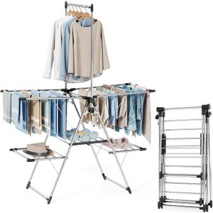 Large Capacity Clothes Drying Rack, Foldable Laundry Drying Rack | Heavy Duty Stainless Steel with Top Hanger, Multi-Layer Indoor Outdoor Air Dryer for Home Balcony Laundry Room, 4 Wings