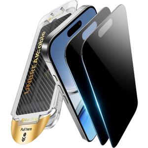 UNBREAKcable for iPhone 16/15 Privacy Screen Protector, Tempered Glass 6.1", DustProof OneStep Installation, 25 Anti-Spy, 9H Military-Grade Shatterproof, Bubble-Free, Case-Friendly, 2 Pack