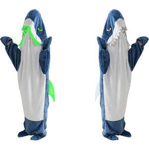 CULVE Glow in The Dark Shark Blanket Onesie Hoodie with Teeth, Eyes & Fins - Super Soft Flannel Wearable Shark Costume for White Elephant Gift Exchange Party (Blue, S)