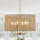 Boho Rattan Golden Chandelier Light Fixture Vintage 6-Lights Farmhouse Hand-Woven Bamboo Chandelier Rustic Drum Wicker Gold Chandeliers for Dining Room, Kitchen Island, Bedroom, E12