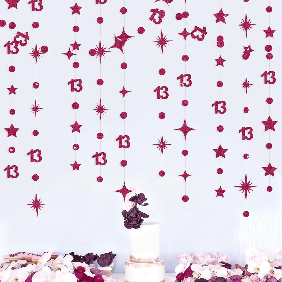 Burgundy 13th Birthday Decorations Number 13 Circle Dot Star Garland Glitter Streamer Banner Backdrop for Girls Boys Official Teenager Cheers to 13 Years Old Birthday 13th Anniversary Party Supplies