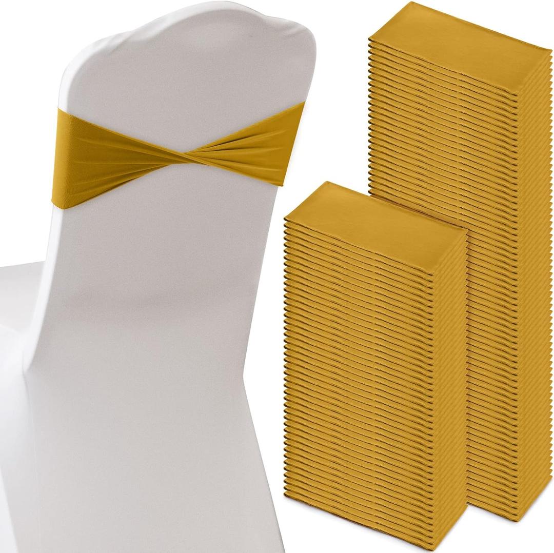 Frienda 120 Pieces Spandex Stretch Chair Sashes Bows, Elastic Chair Cover Bands Ties Without Buckle for Wedding Reception Events Universal Ceremony Banquet Decorations (Dark Gold)