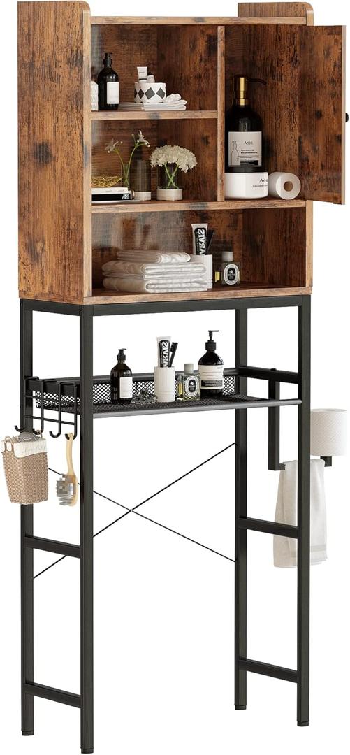 AWQM Over The Toilet Storage Cabinet, Bathroom Cabinet Organizer with Adjustable Shelf, Freestanding Space Saver Toilet Stands with Door, Paper Hook, Multifunctional Bathroom Toilet Rack, Rustic Brown