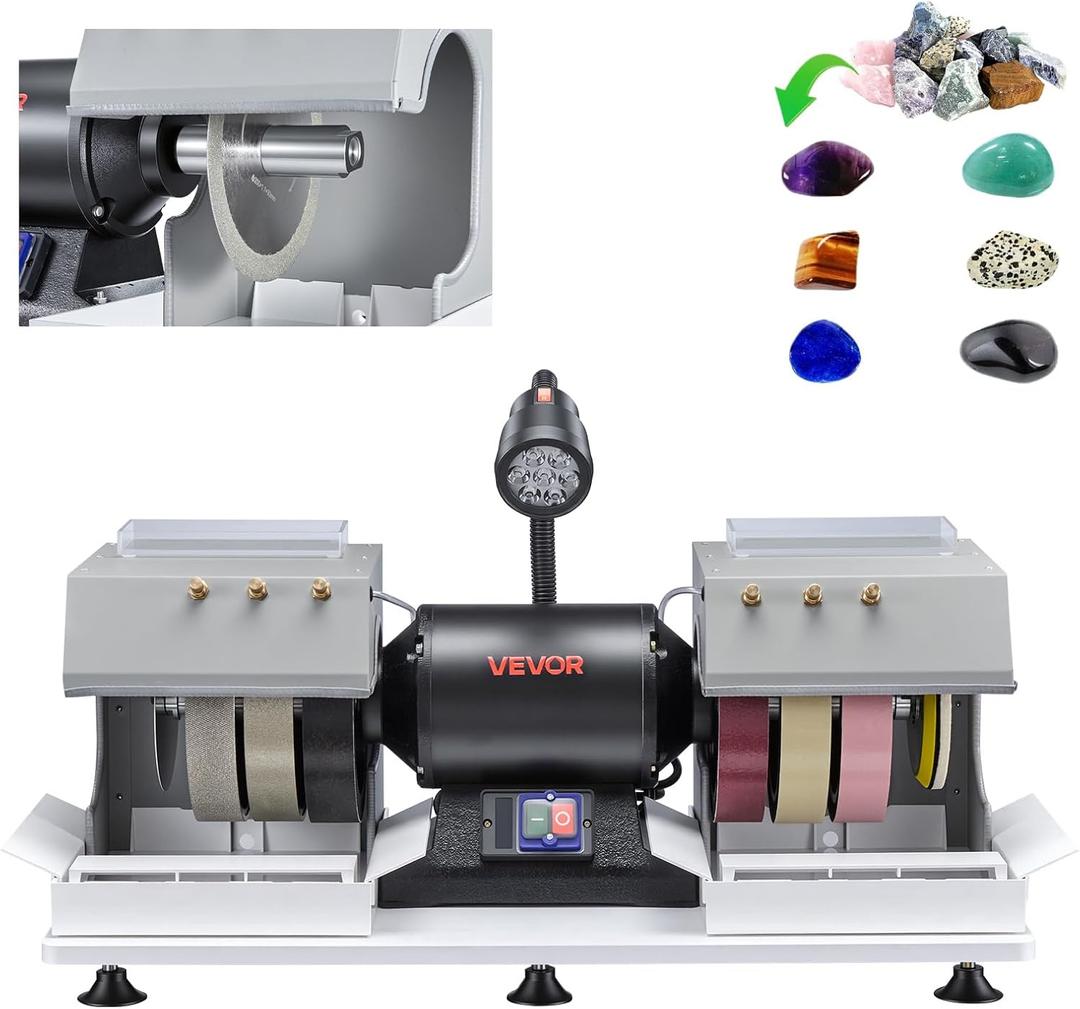 VEVOR Cabbing Machine, 8" 3/4 HP 1800 RPM Efficient, Lapidary Rock Grinder Polisher with Diamond and Resin Wheels, LED Lamp, Water System, Lapidary Equipment for Gemstone Grinding, Stone Polishing