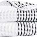 MICROFI New Microfiber Waffle Bath Towels, 2 Pieces, Soft, Absorbent, Fast Drying, Lint Free 430 GSM (White Striped)