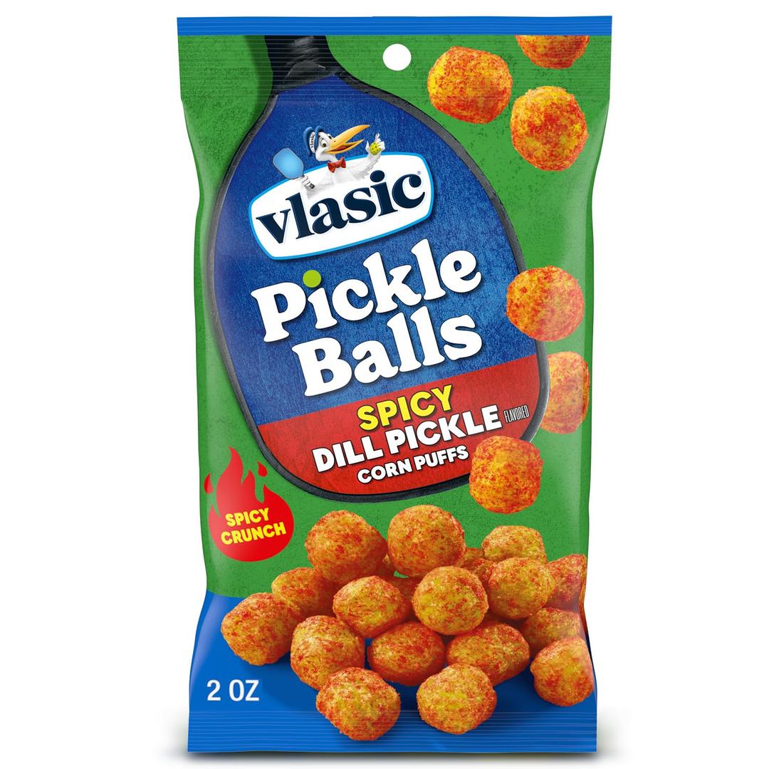 12 x Vlasic Pickle Balls, Spicy Dill Pickle Flavored Corn Puffs, Pickleball Gifts, 2 oz. (EXP 05/19/26)