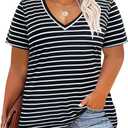 CARCOS Plus Size Tops for Women 3X Short Sleeve Striped T Shirts V Neck Black Blouses White Stripe Pullover Tunics for Spring Summer 3XL 22W 24W