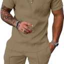 UOUA Mens Summer Track Suits 2 Piece Shorts Sets Short Sleeve Sweatsuit Outfits 1/4 Zip Golf Polo Shirts Loungewear, XL