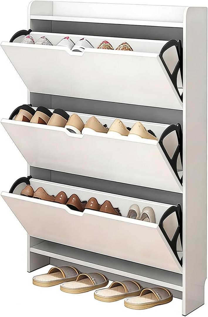 Ultra-Slim Storage Cabinet for Entryway, 6.7 Narrow Organizer with 3 Flip Drawers, Wall-Mount Anti-Tip Design, Modern White Shoe Cabinet(White,45.3" H19.7" W6.7" D)