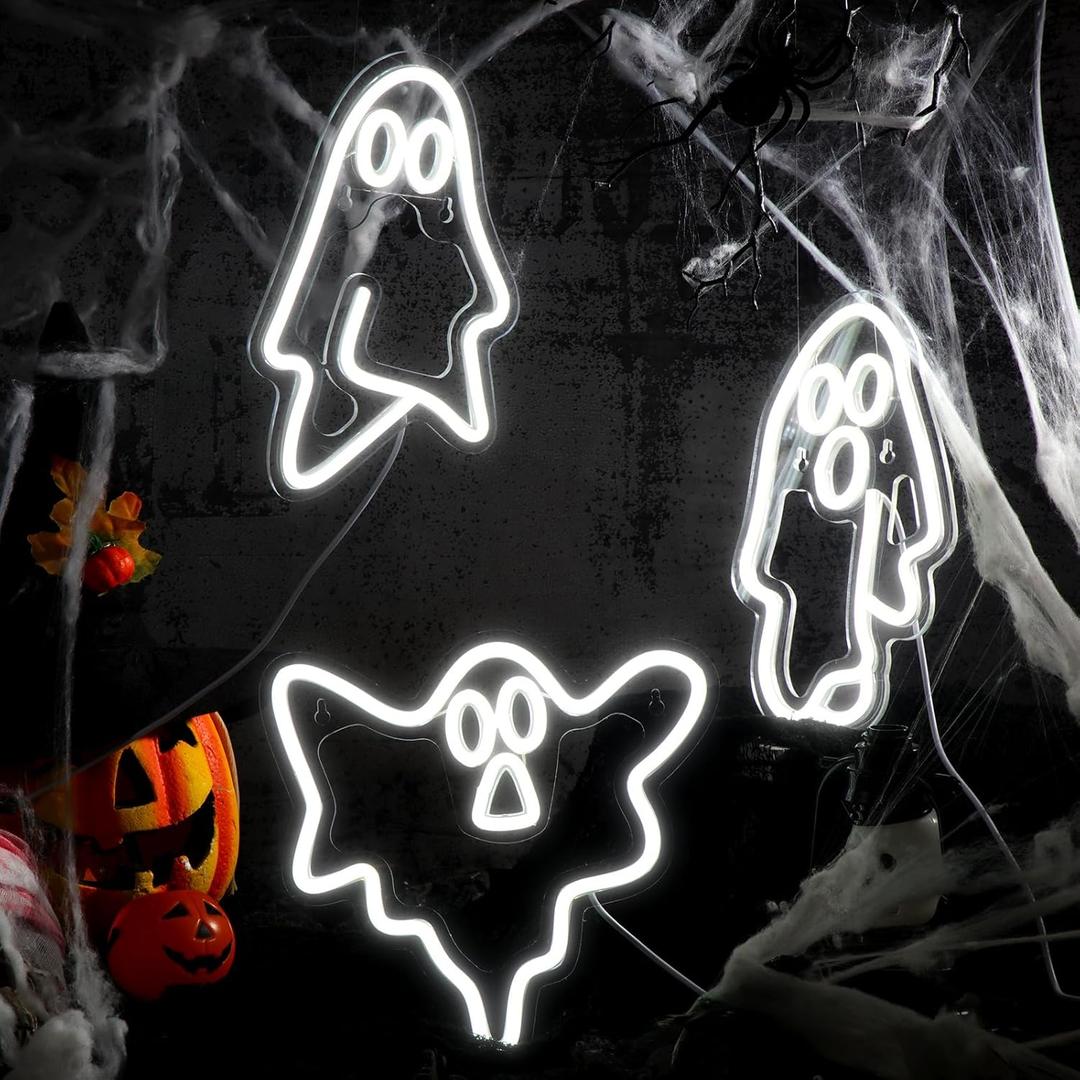 Treela 3 Pcs Halloween Ghost Neon Signs Halloween Neon Window Lights LED Sign Ghost Face Decorations USB Powered Light up Sign for Part Bar Room Wall Decor (9.84 inches, white with multicolor)