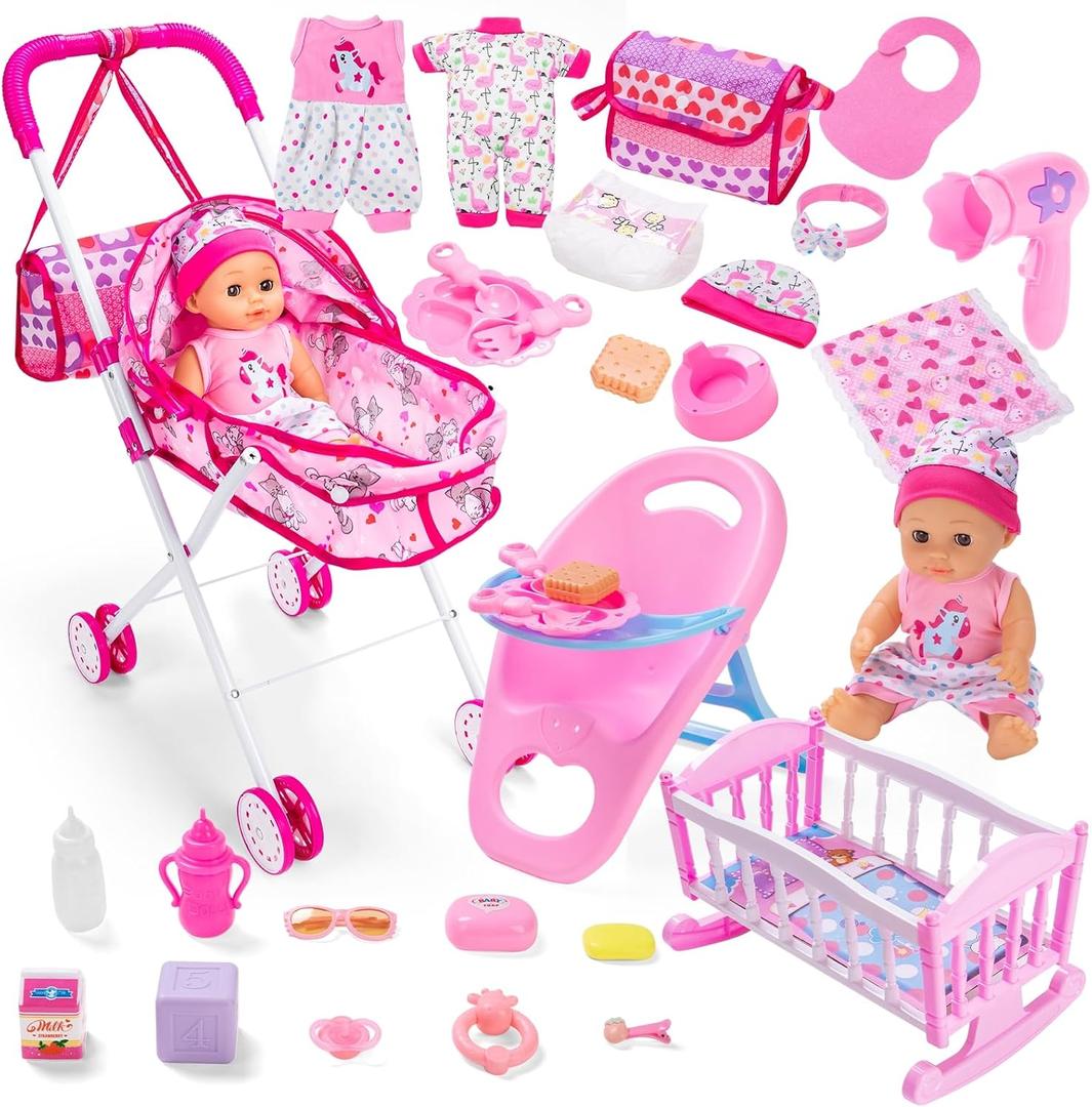 Baby Doll Stroller Play Set with 12.5" Baby Dolls, 28 Pcs Pretend Role Play Doll Accessories Including Crib, Dining Chair, Doll Clothes, Sunglass, Handbag for Girls Toddlers 3-5 4-6 5-7, 21.65 X 11.02 X 7.87 Inches