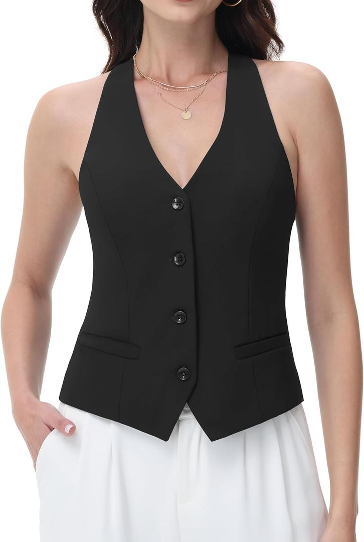 Women Suit Vest V Neck Button Down Vest Top Tuxedo Waistcoat Sleeveless Racerback Fashion Vests Blazer (Black, L)