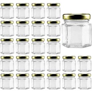 25Pack1.5oz Honey Jars, Mini Honey Jars With Dipper, Hexagon Glass Jar with Gold Lids, Glass Jar with Labels for Gifts, Wedding Favors, baby Favors and DIY Ideas