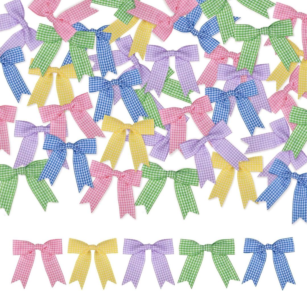 Meseey 50 Pcs Gingham Ribbon Bows with Twist Tie 2.5" Pink Purple Blue Yellow Green and White Buffalo Check Premade Bows for Gift Wrapping Basket Wedding Baby Shower Brithday Party (Spring)