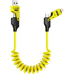 ZUSLAB 4-in-1 Coiled USB-C to Lightning/Type-C 65W Fast Charging Cable, Car Play & Android Auto Compatible, Compact Design, Multi-Device Charging for iPhone, iPad, Samsung & More, Yellow