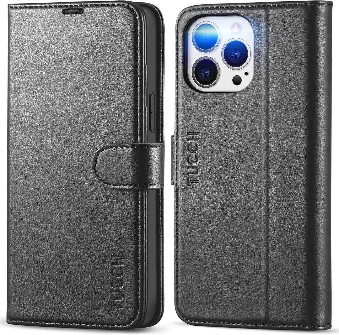 TUCCH Wallet Case for iPhone 13 Pro Max, RFID Blocking, 4 Card Slots, Stand Shockproof TPU Interior Shell, PU Leather Magnetic Flip Cover, Black