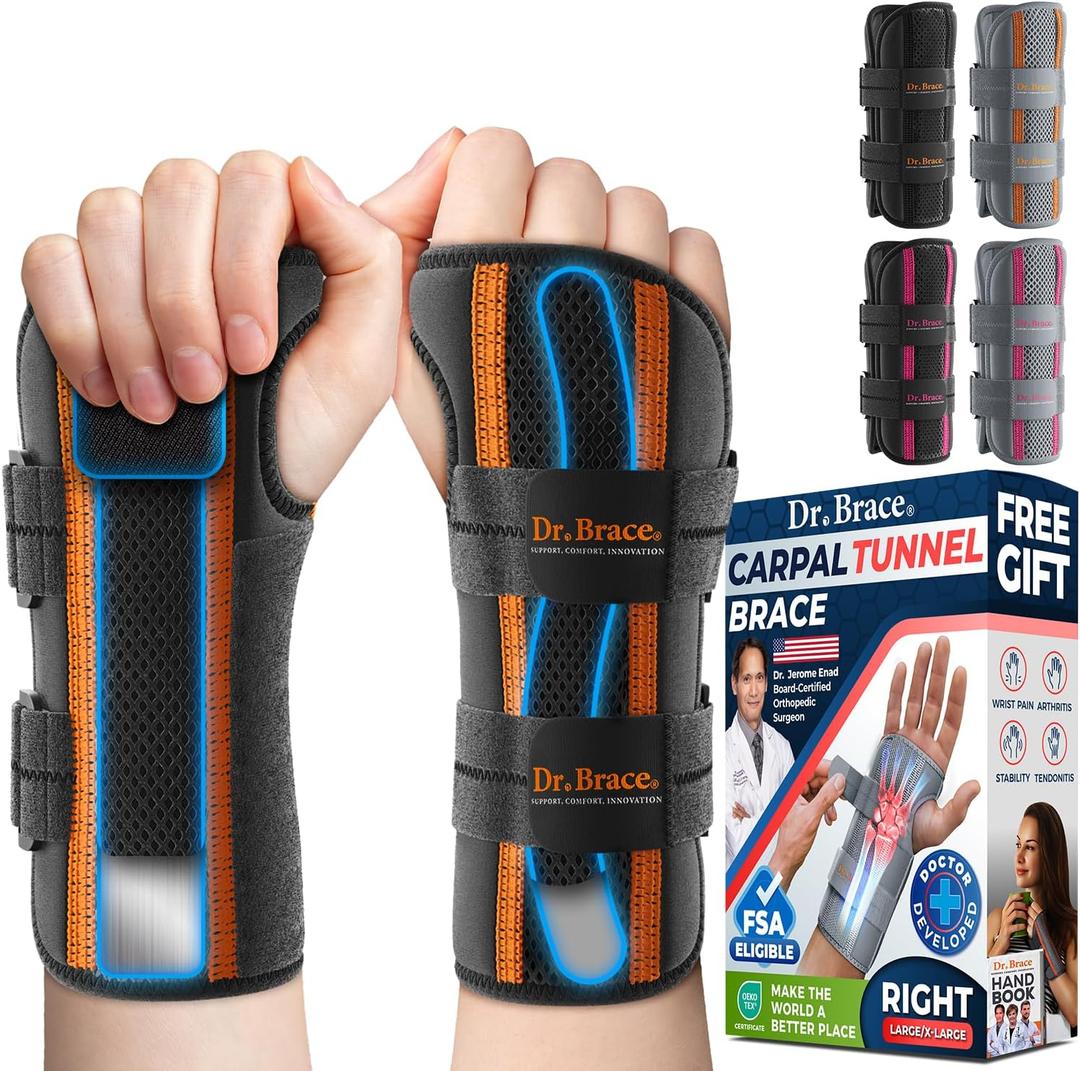 DR. BRACE wrist brace for carpal tunnel (Large/X-Large Right Hand, Black-Orange)